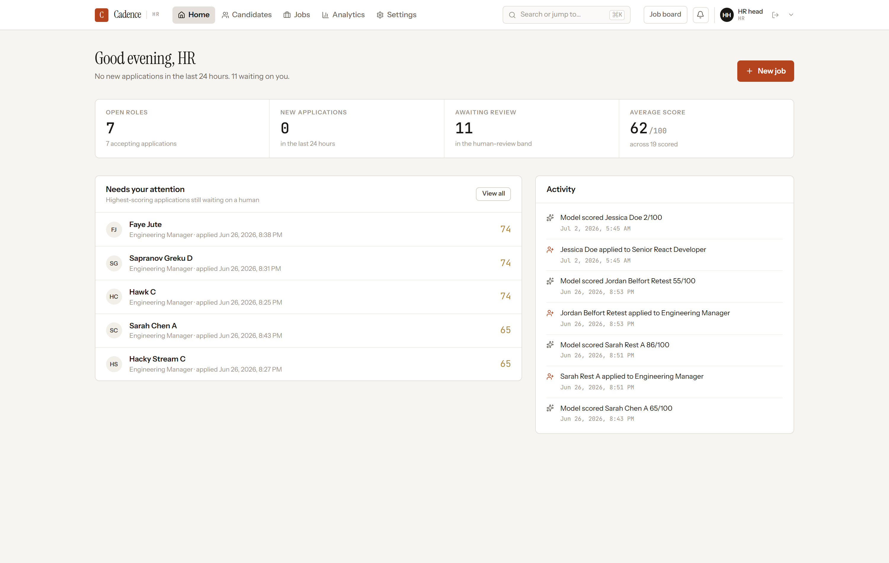 Recruiter home - highest-scoring applications still waiting on a human