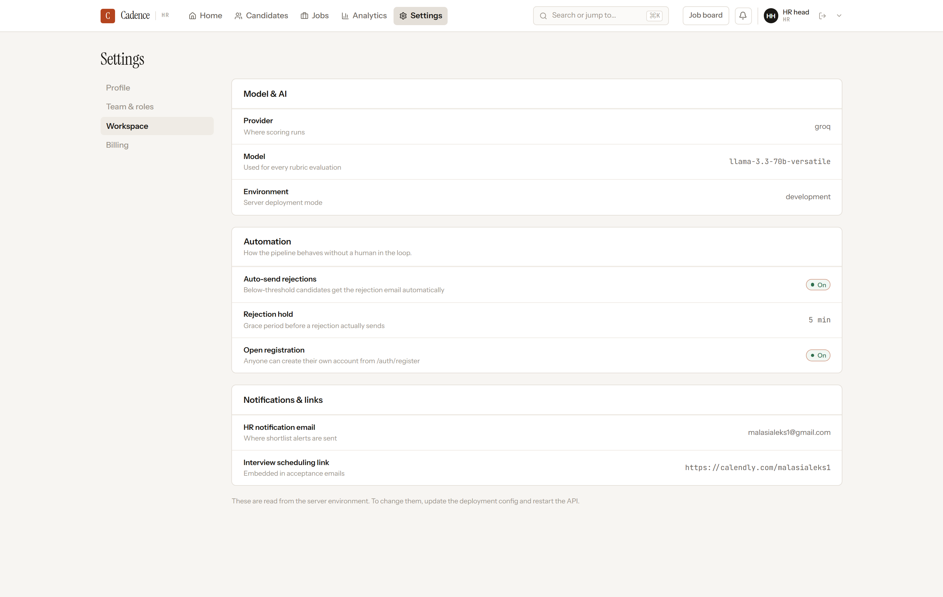 Workspace settings - AI provider, automation toggles and the rejection hold