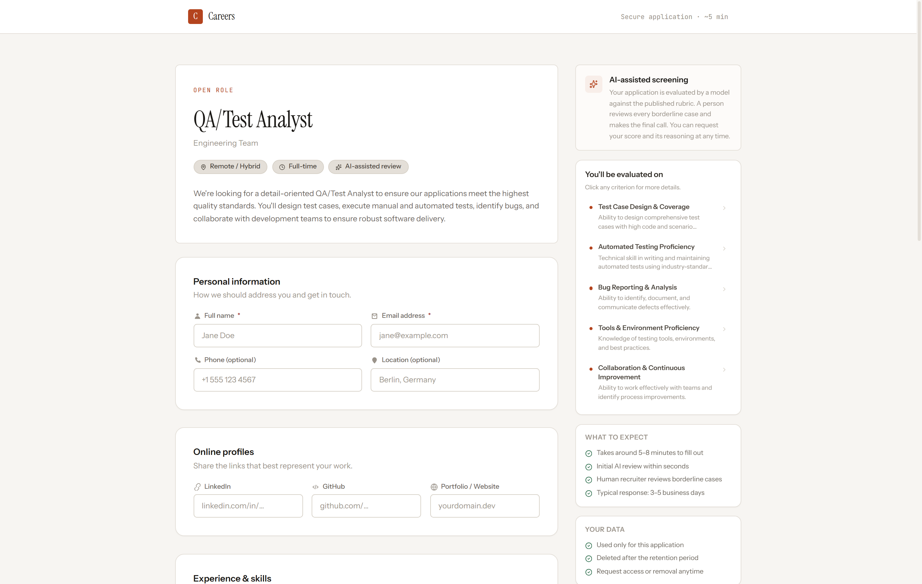 Public application form with the evaluation criteria listed alongside
