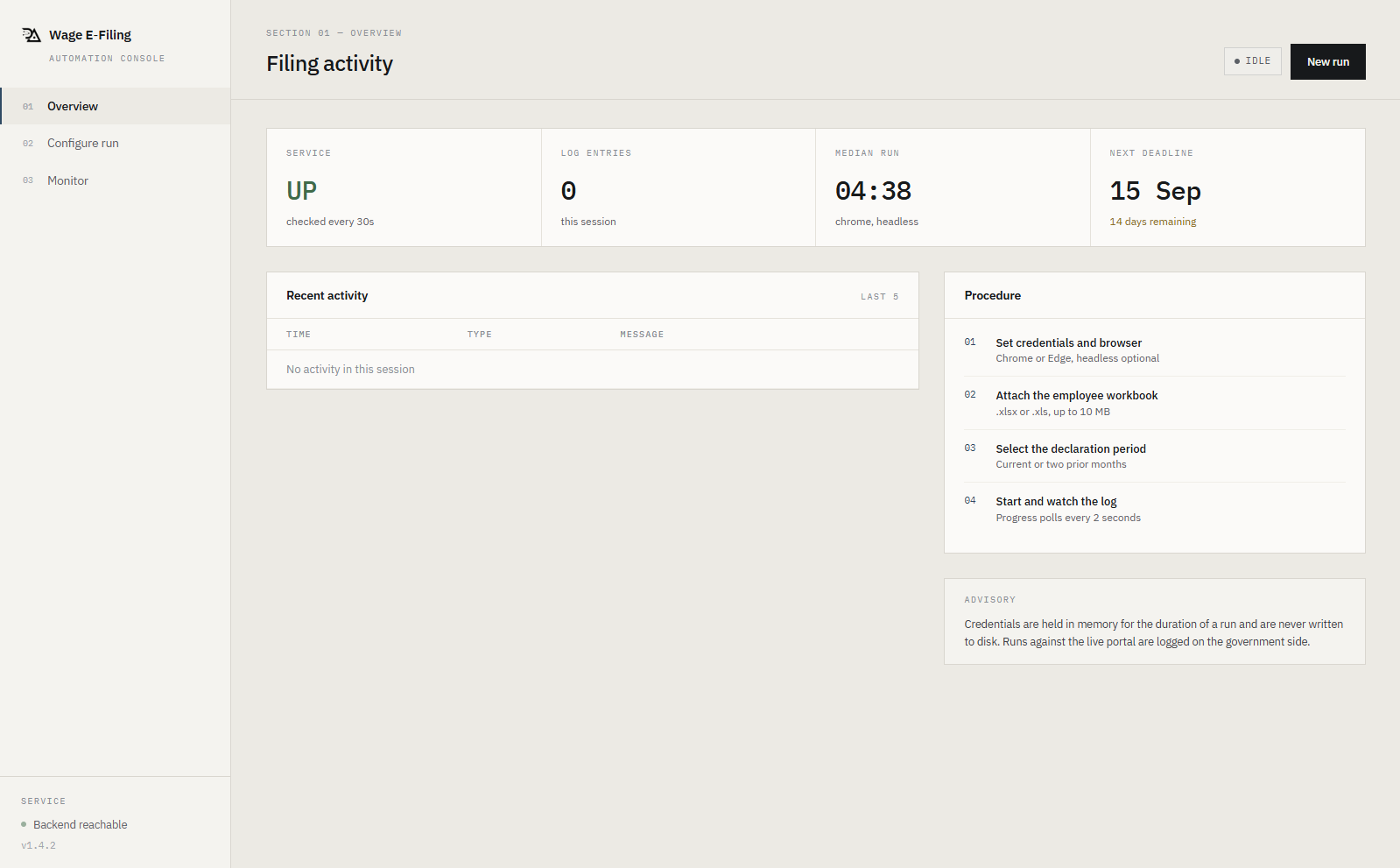 The dashboard - service health, run history and procedure guide