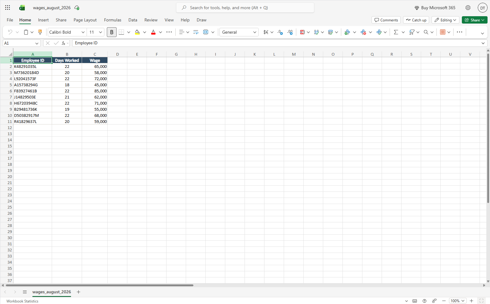The employee workbook format - ID, days worked and wage columns