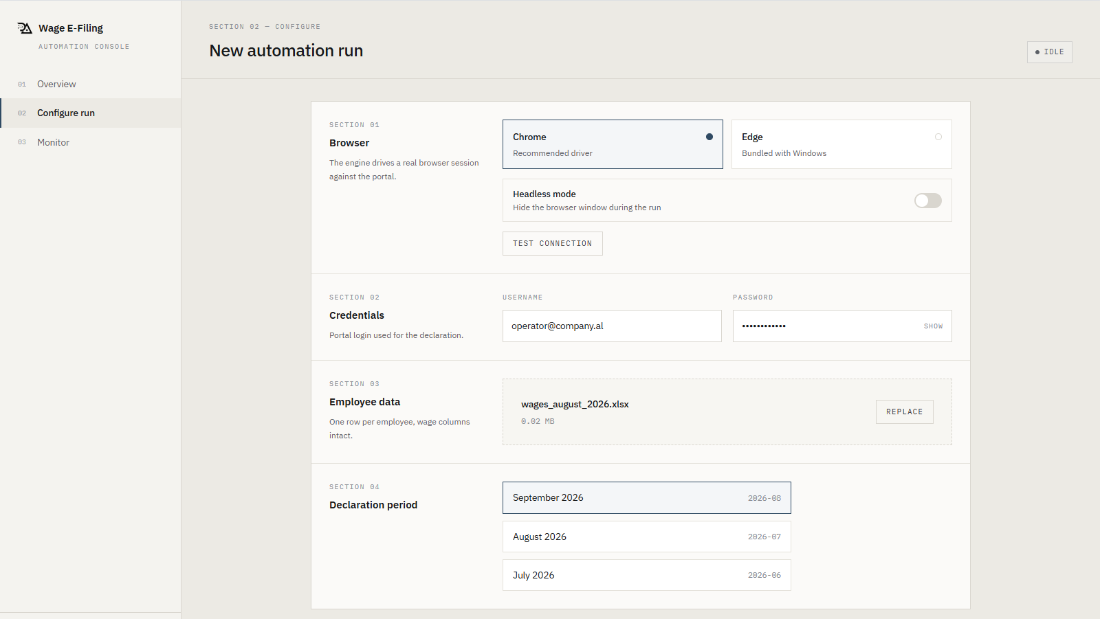 The automation form - browser, credentials, workbook and target month configured