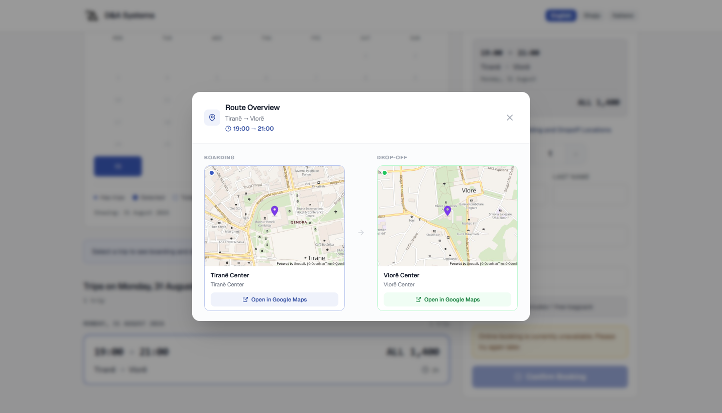 Route map with boarding and drop-off locations