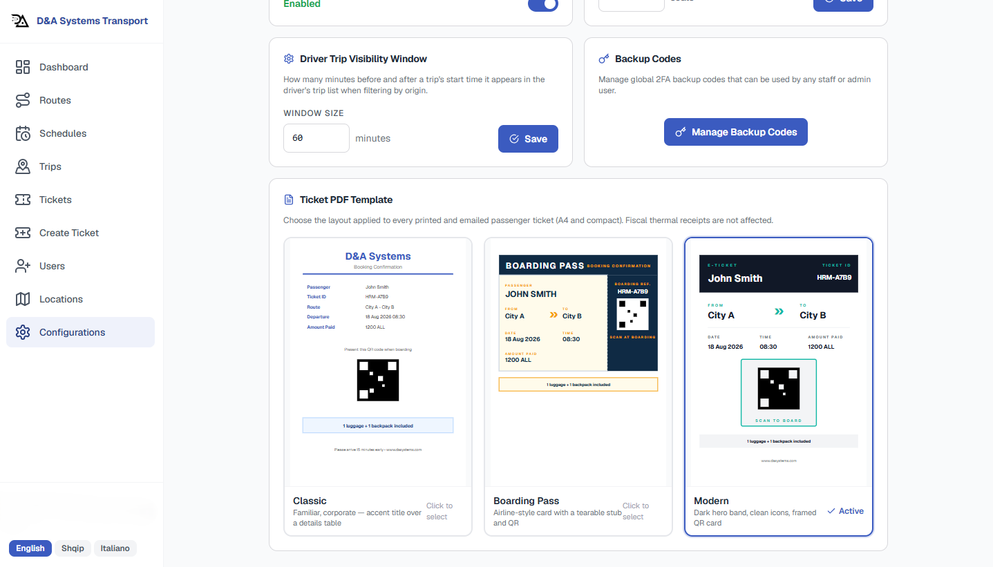 A generated ticket PDF - logo, QR code, route and passenger details