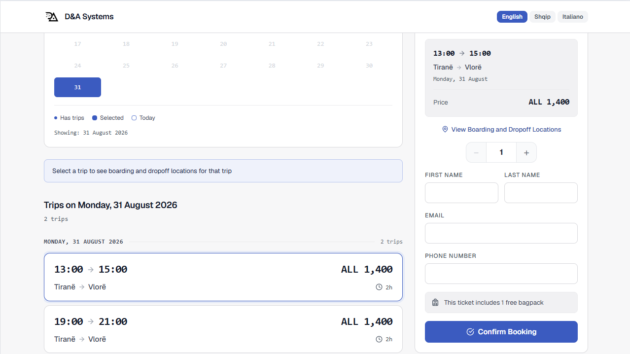 The public booking page with a trip selected and the passenger form open
