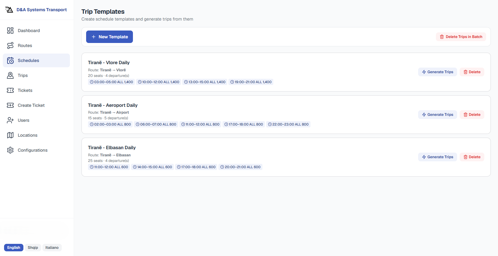 Schedule Templates - one template open with its departure slots and fares