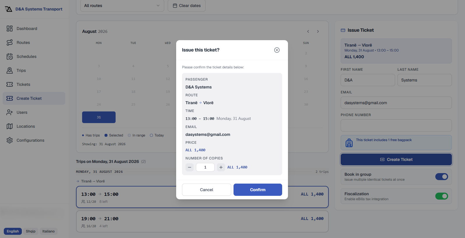 Counter sales - a trip selected, passenger details and batch quantity set