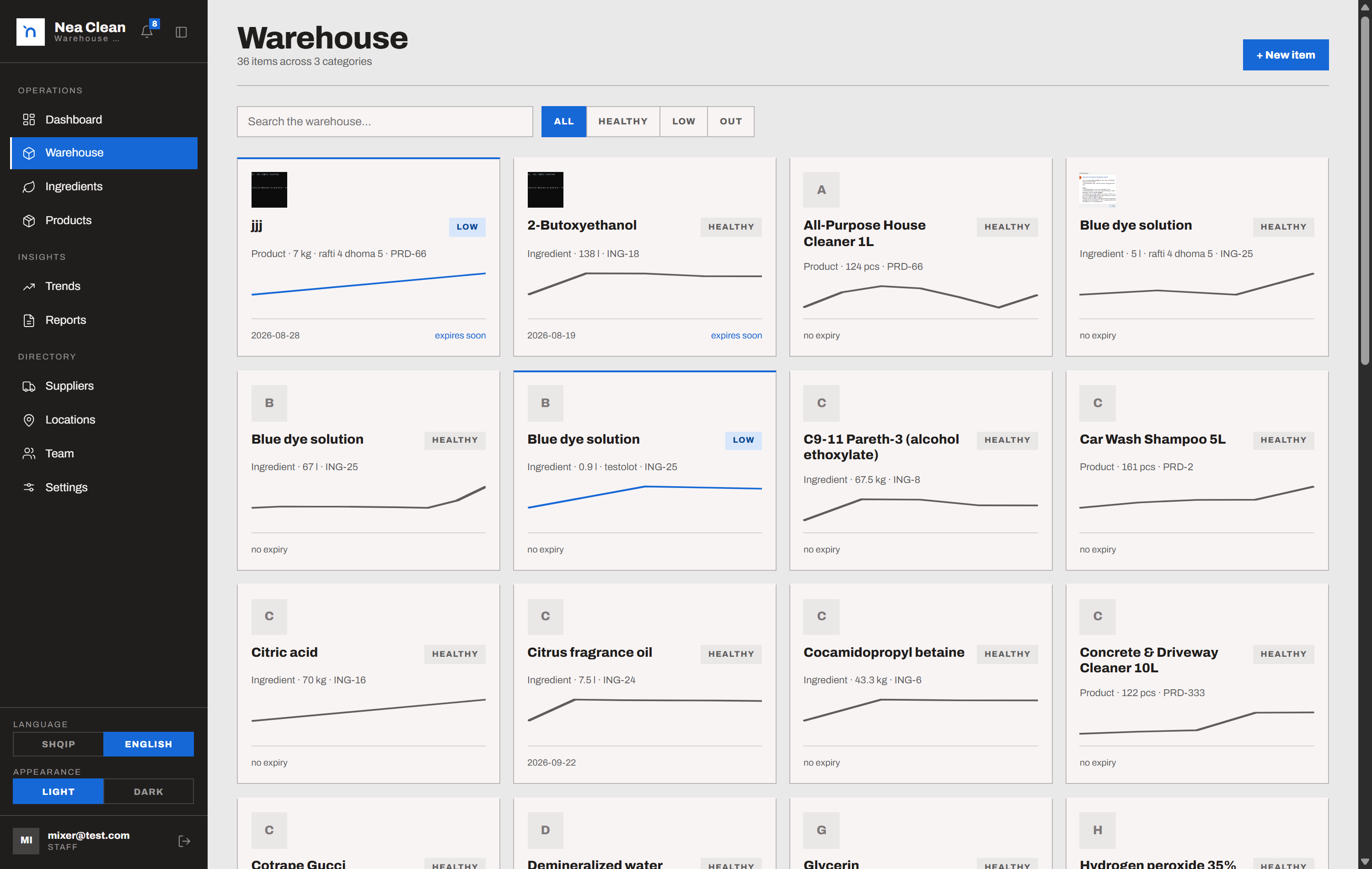 Warehouse list with status filters and per-item stock sparklines