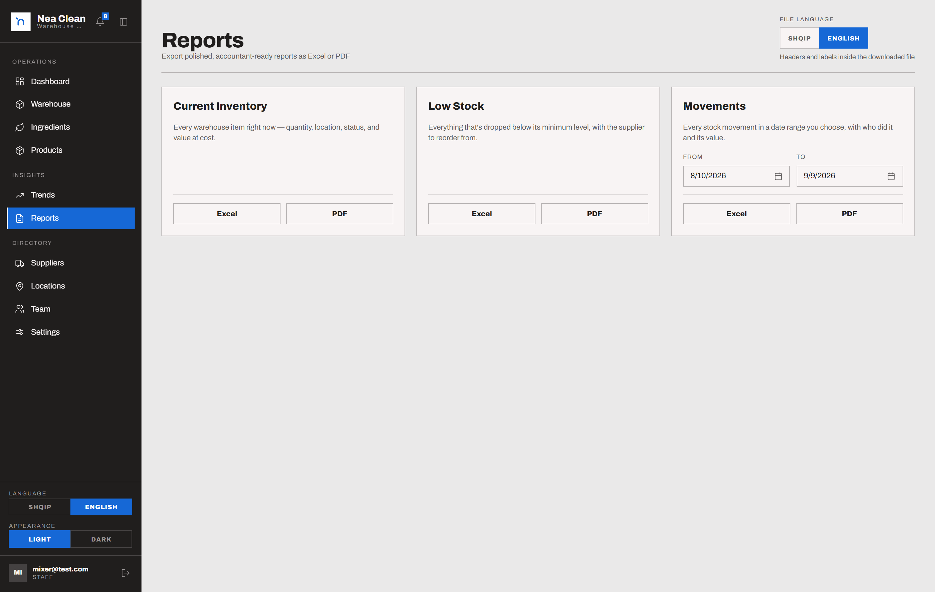 Reports - inventory, low-stock and movement exports