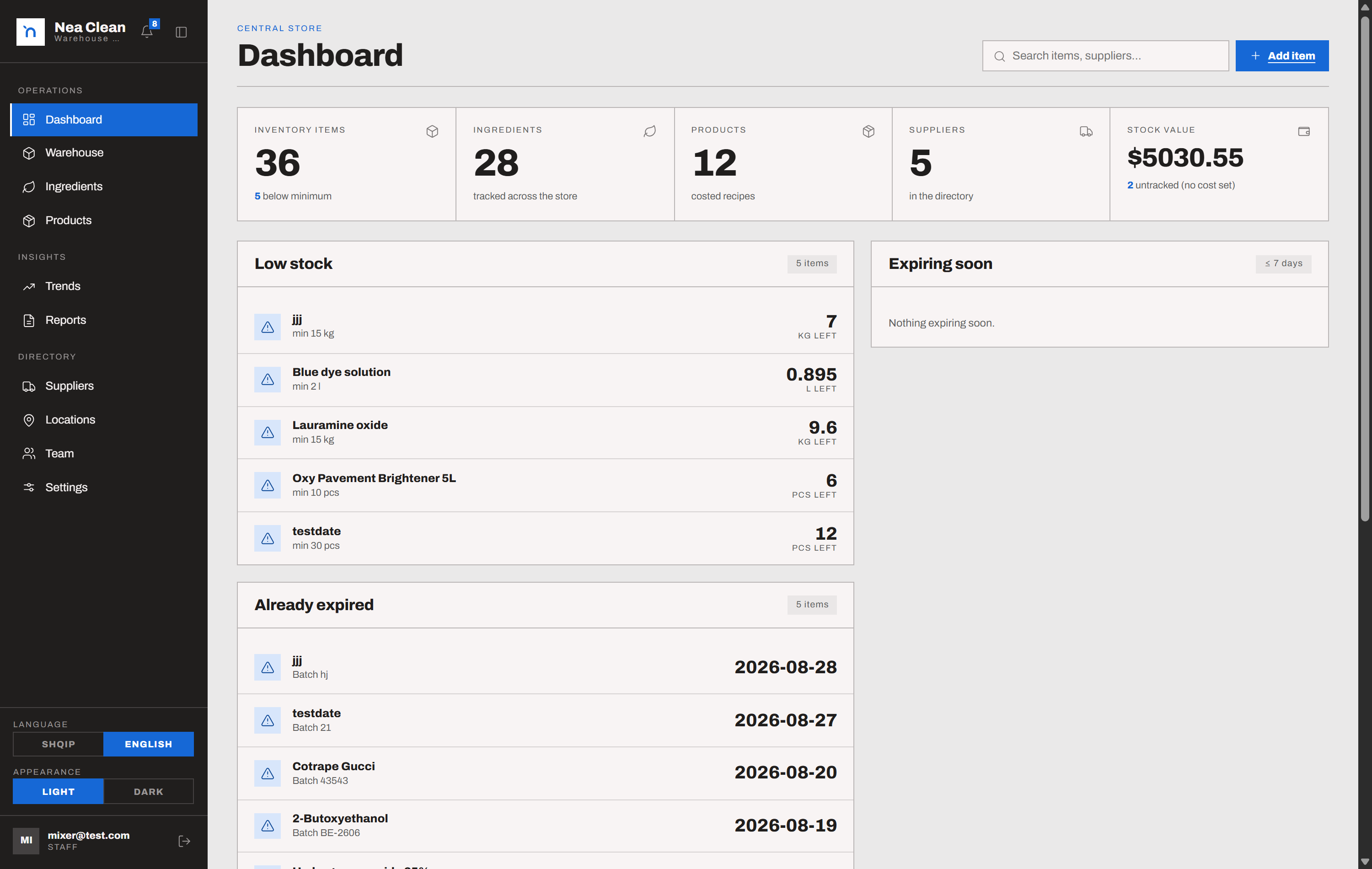 The dashboard - stock value, low-stock and expiring items, and the live movement feed