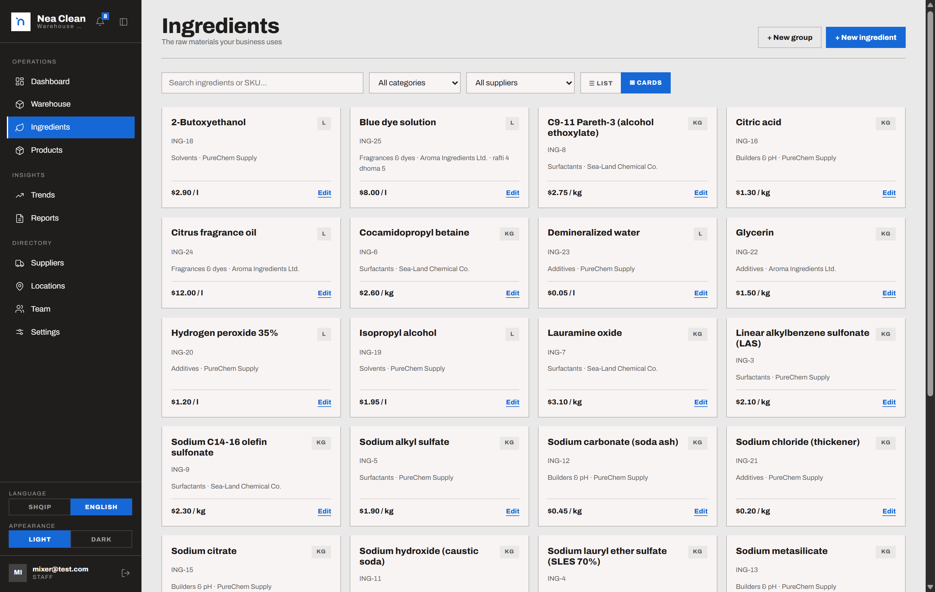 Ingredients directory with cost per unit and supplier