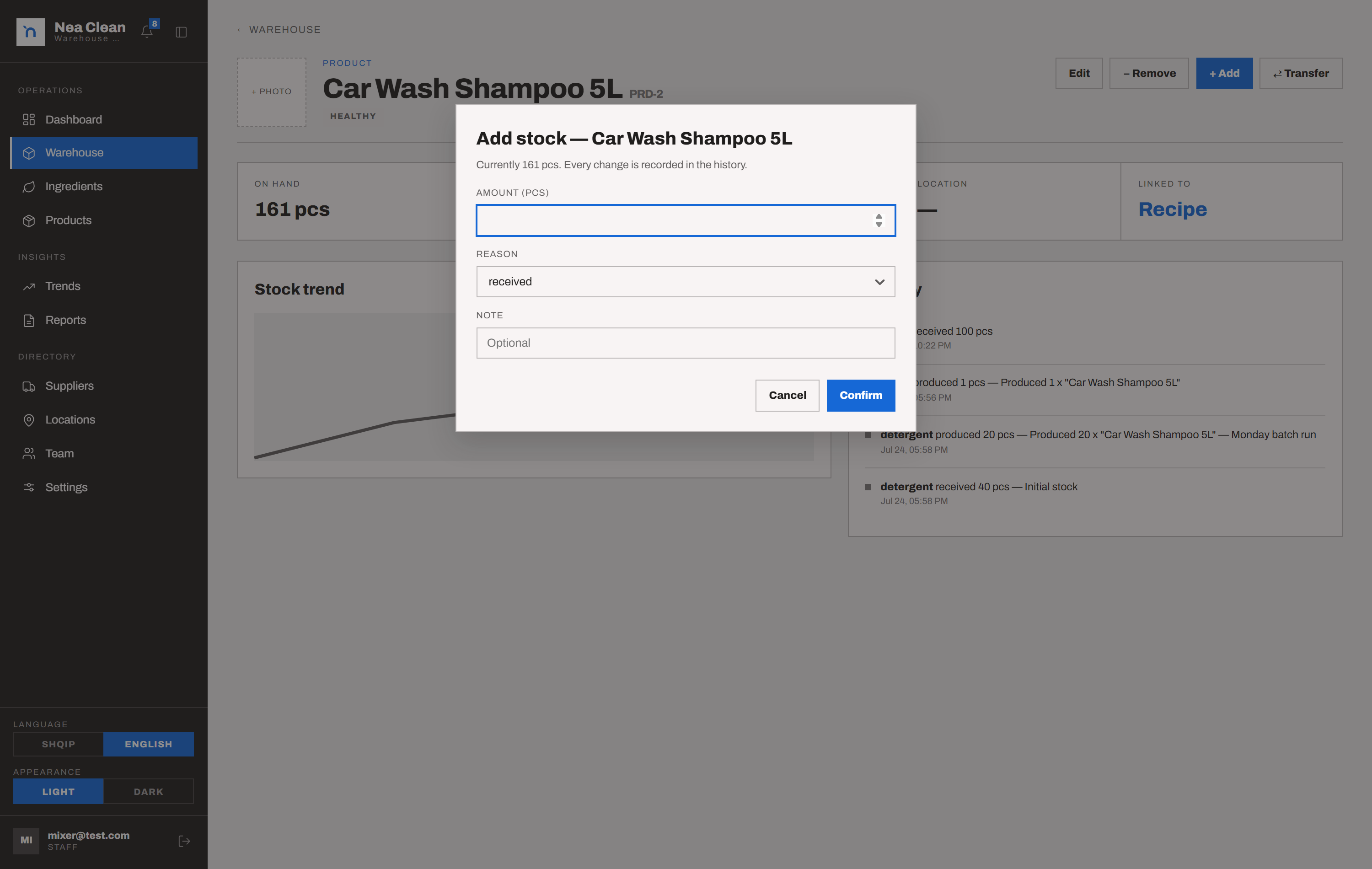 Adjusting stock with a reason, over the item’s movement history