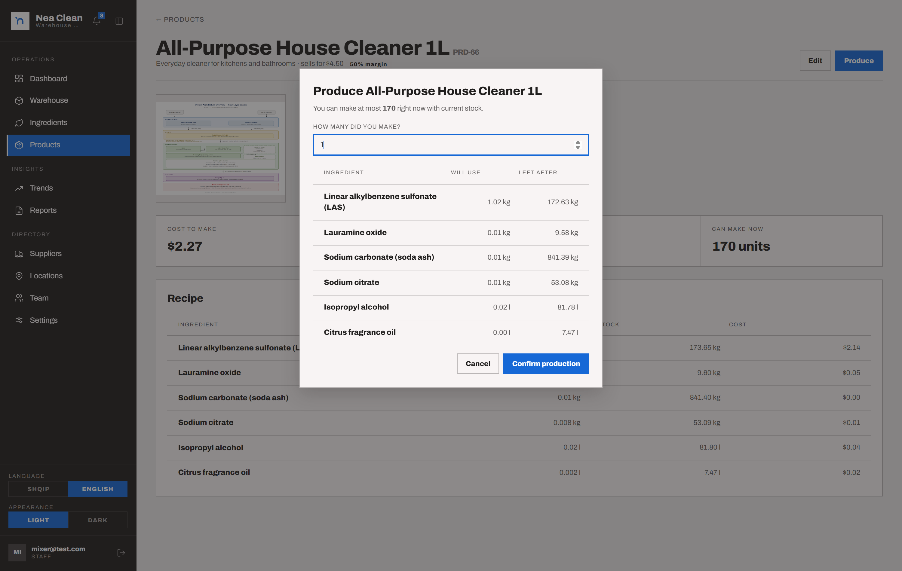 Produce dialog - what it will use, what is left, and the margin